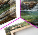 Framed Canvas Print Skinny Art of a Serene Waterfall Cascading into a Tranquil Pool in a Lush Forest Landscape, Perfect Tall Art for Nature Lovers