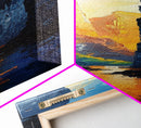 Sunset Peaks Through The Mountain Valley, Framed Canvas Print, Retro MCM Inspired Landscape Painting, Living Room Or Office Decor