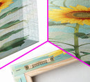 Japanese Skinny Art of Sunflowers with Golden Petals and Verdant Stems on a Pastel Blue Background – Framed Canvas Print