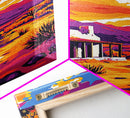 Southwest sunset, desert house, Joshua tree art, pink orange wall art, rustic wall art, boho art, framed canvas print, landscape painting