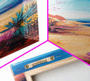 Beach Cactus, coastal landscape, vibrant colors, blue sky, desert meets sea, framed canvas print, coastal cowgirl wall art, boho art
