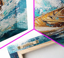 Wooden Boat in Waves, nautical painting, coastal decor, ocean waves art, seascape painting, framed canvas print, living room art, rustic art