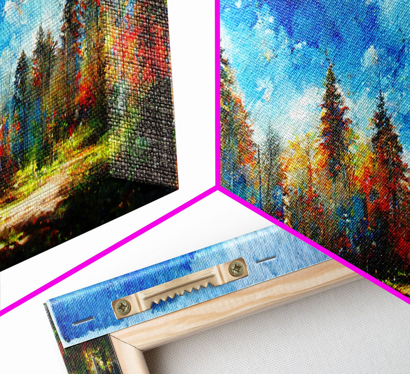 Beautiful Forest Sunset Oil Painting Canvas Print, Blue Skies and Fall Trees, Autumn, Ready to hang gallery wrapped nature canvas print