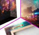 Destitute cyberpunk city with neon signs wall art, Bladerunner vibes art, synthwave style art, cool wall art
