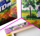 Vibrant Farmhouse Scene with Trees and Flowers, Perfect Living Room Art, Framed Canvas Print, Rustic Home Decoration, Minimalist Decor