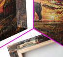 Dark Horse at Sunset with Barn, Stunning Abstract Art, Framed Canvas Print, Boho Wall Art, Bedroom Decor, Unique Home Decoration