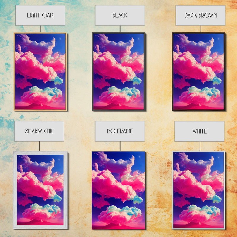 Bubble Gum Clouds, Trippy Psychedelic Surrealist Cloud Art, Framed Canvas Print, Ready To Hang Framed Wall Art