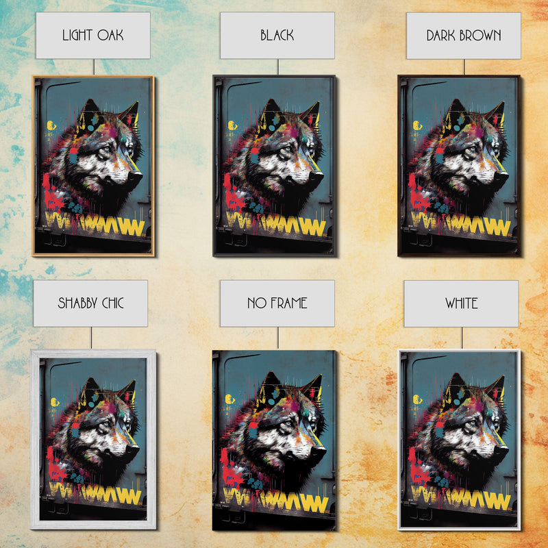 Wolf graffiti on a subway train car, framed canvas print, framed wall art