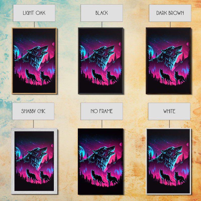 Wolves Howling at the moon, 3 wolf moon, framed canvas print, vaporwave art, Animal art, predator art