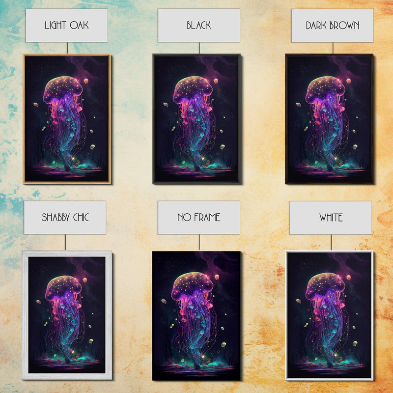 Bioluminescent Cosmic Jellyfish against a Starry night sky, JellyFish Art, Framed Canvas Print, synthwave style art