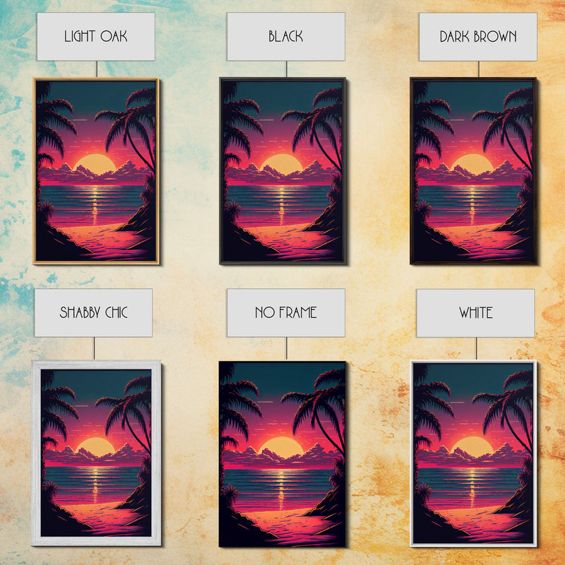 8 bit pixel art sunset, synthwave style palm tree beach, framed canvas print, framed wall art painting