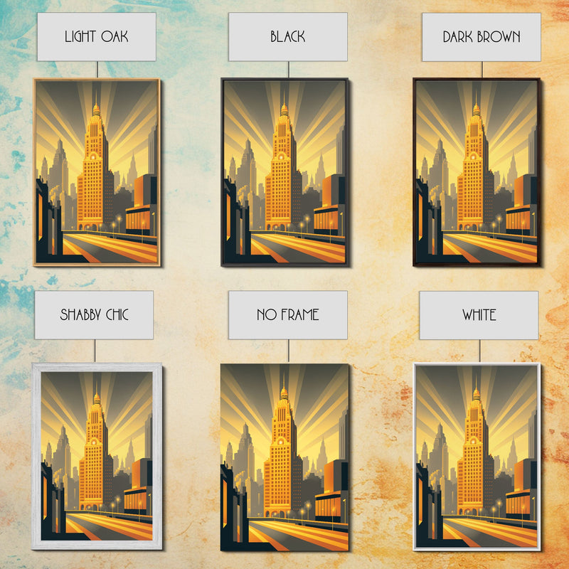 Art Deco Architecture, Framed Canvas Print, 1930s Style Art Deco City Skyline