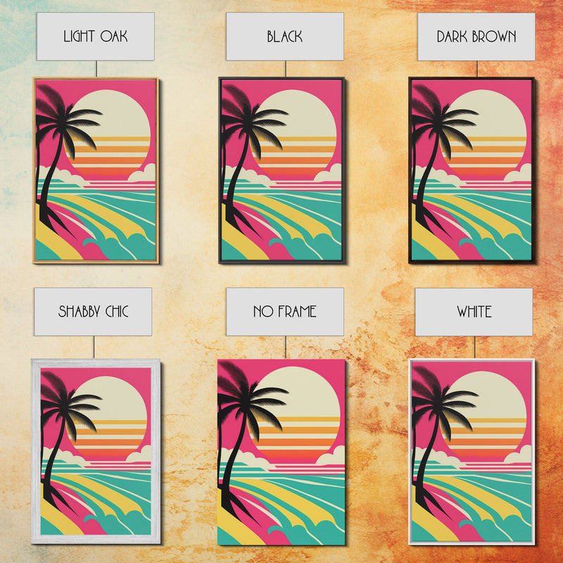 Beautiful Turquoise Retro Style Beach Art, Triptych 3 Panel Framed Canvas Prints, Palm Trees and Sunset, 80s Vibes Vaporwave Art Deco Mashup