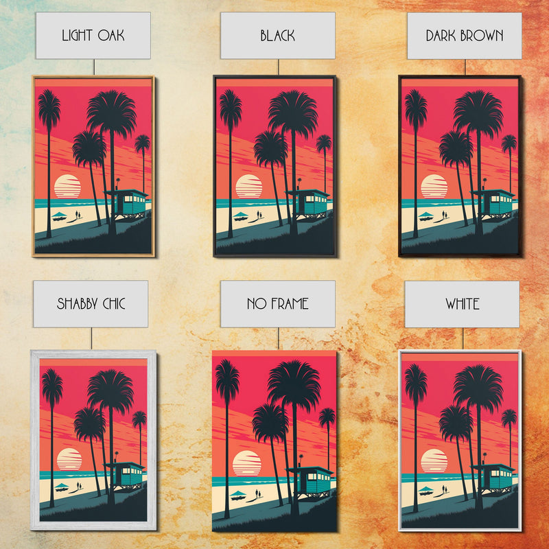 Beach Vibes - Midcentury / Art Deco / 80 Vibes Mash up - Framed Canvas Prints - Turquoise Sky and Palme Trees - 3 Panel Art, Triptych Prints