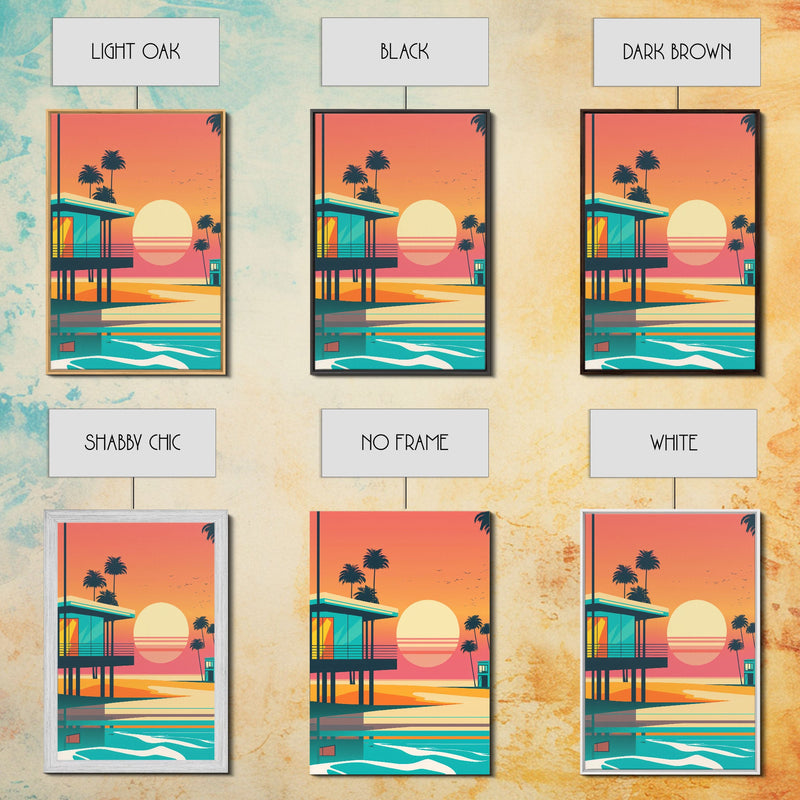 Art Deco Sunset Beach Canvas Print, Minimalist Retro Palmtree Vibe, Vaporwave Art, 80s Retro Vibes, Miami Inspired Art