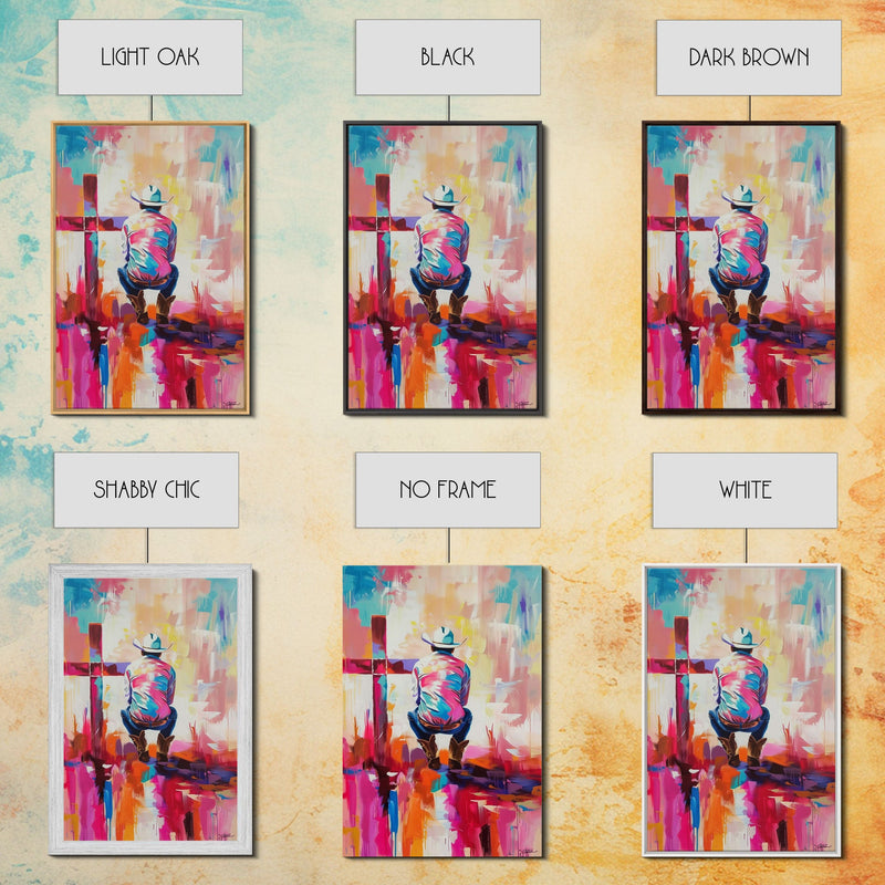 Abstract Cowboy with Cross in Bold Hues - Framed Canvas Print, Modern Western Decor, Vibrant Cowboy Wall Art for Living Room or Bedroom