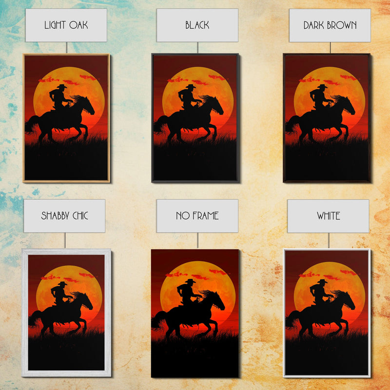 Action Cowboy Silhouette on Horse at Sunset | Framed Canvas Print | Western Wall Art | Dramatic Cowboy Wall Art for Home Decor