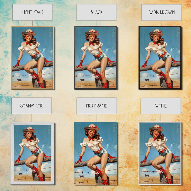Retro Cowgirl Pin-Up Art Print, Framed Canvas Western Decor, Vintage Pin-Up Girl in Red Boots, Classic Western Artwork for Home