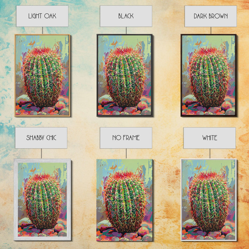 Bold Barrel Cactus Art with Red Spines - Framed Canvas Print, Vibrant Desert Decor, Living Room Art, Cactus Wall Art for Home