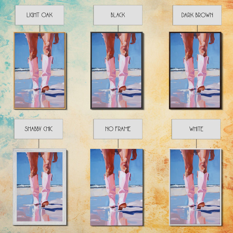 Woman wearing pink cowboy boots standing on the beach, vibrant pop art style Framed Canvas Print - beach fashion, coastal decor, summer art