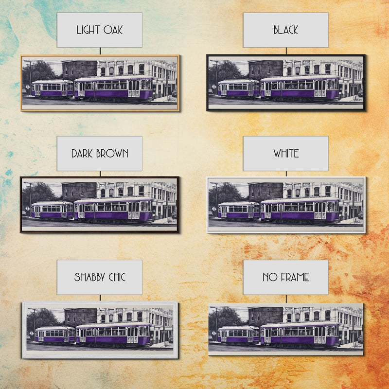 Purple Streetcar Art Print, Urban Art, Wall Decor, Color Pop, Wall Decor, Urban Framed Canvas Print, Panoramic, Wall Art, Canvas Print