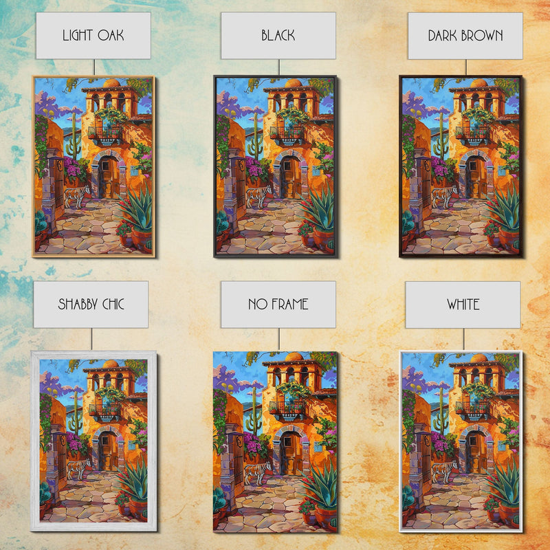 Bright Mexican Style Courtyard Tall Art Framed Canvas Print Featuring Vibrant Architecture And Desert Scenery