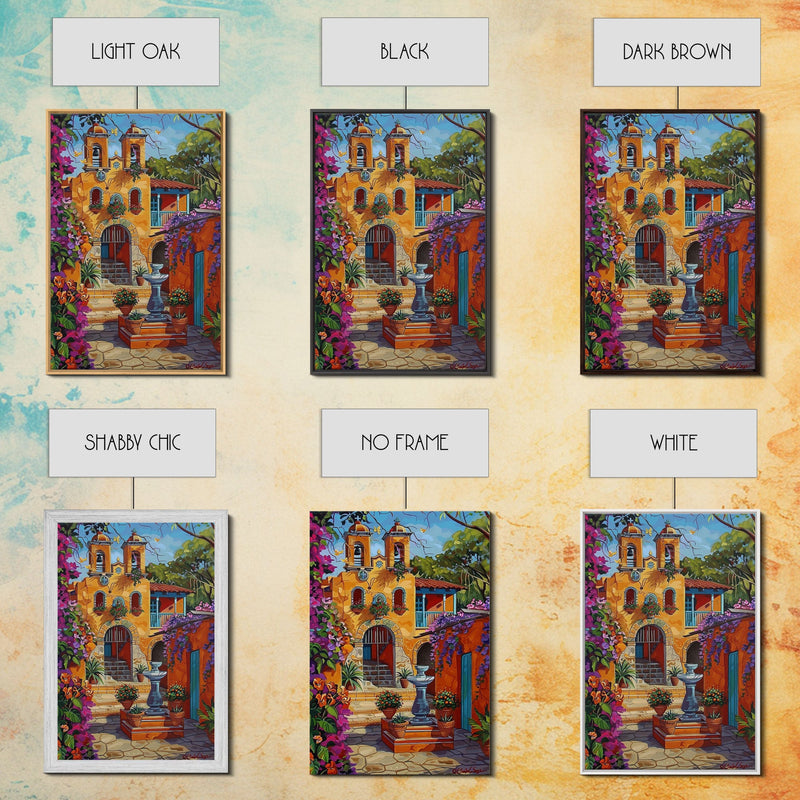 Bright Mexican Style Tall Art Framed Canvas Print Depicting Ornate Blue Door And Rustic Courtyard