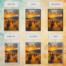 Cowboy Riders at Dusk Framed Canvas Print, Warm Sunset Western Scene with Riders on the Plains, Fall Decor Ranch Homes and Country Wall Art