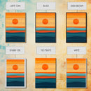 Sunset Over The Ocean Minimalist Print, Vertical Sea Sun Framed Canvas, Waves Line Art, Blue and Orange Sunset Beach House Painting