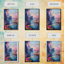 Dreamy Lake Scene, pink abstract art, blue and green wall art, moody art, vertical wall art, framed canvas print, living room art