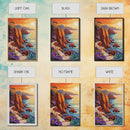 Sunset Coast, Rocky Shore, Ocean Glow, Golden Hour, Framed Canvas Print, Living Room Wall Art, Nature Landscape Decor, Coastal Fall Artwork