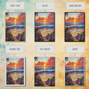 Tropical Beach, Sunset Waves, Lush Florals, Orange Glow — Framed Canvas Print vibrant coastal art, bathroom or bedroom beach decor, boho vibe