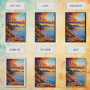 Sunset Shore, Tranquil, Mountains, Framed Canvas Print scenic mountain coast, sunset wall art, calming nature art, bohemian living room decor