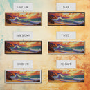 Sunset Surf, Rocky Coast, Vibrant Ocean, Evening Glow, Framed Canvas Print coastal bedroom art, surfer vibes, modern beach wall art