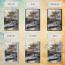 Golden Tree View, Nature Serenity, Fall Lake Art, Peaceful Pine, Framed Canvas Print, living room wall art, minimalist landscape print