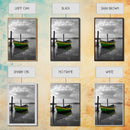 Green Yellow Boat, Serene Reflection, Dockside Calm, Framed Canvas Print, Coastal Bedroom Decor, Minimal Nautical Wall Art