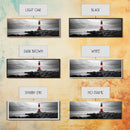 Lighthouse Coastline, Red Beacon, Stormy Sea, Black and White Landscape, Framed Canvas Print, Nautical Decor, Office Wall Art, Modern Style