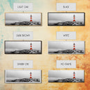 Rocky Shore, Coastal Guide, Red Lighthouse, Ocean Cliff Scene, Framed Canvas Print, Nautical Wall Decor, Bathroom Wall Art, Minimalist Art
