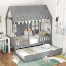 Twin Size Bed Frame House Bed with Trundle and 82 Inch Tall Roof by LJGDeals