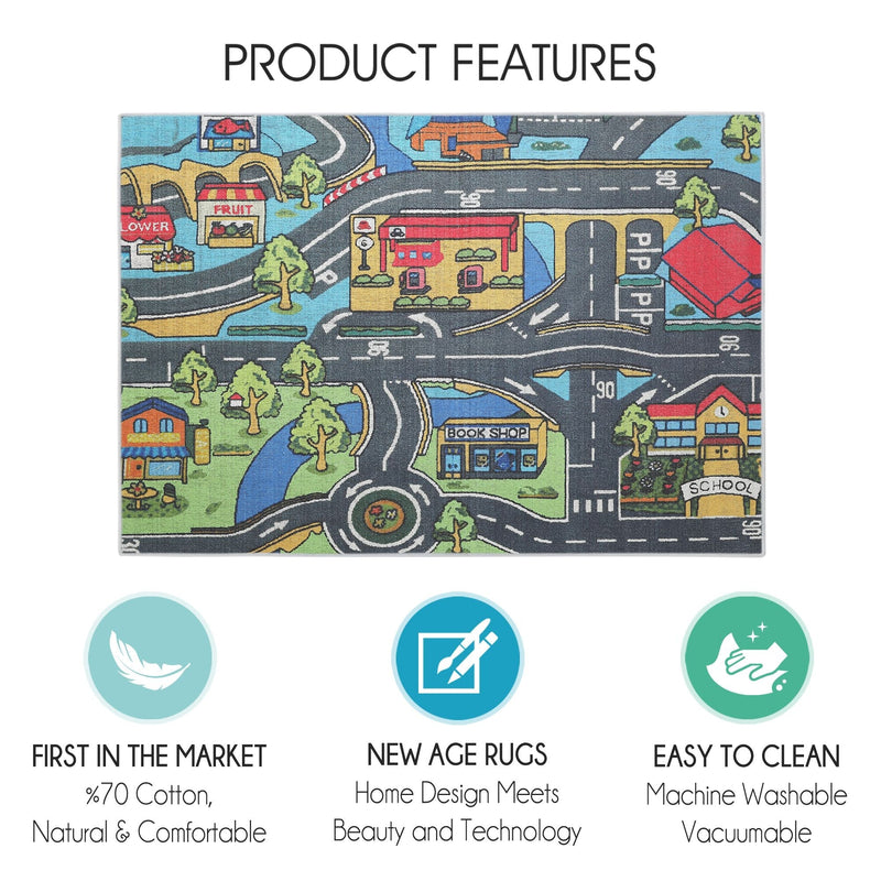 Low Pile- Non-Slip- Educational Kids Rug for Playroom |Road Pattern |39.5 x 59 Inches