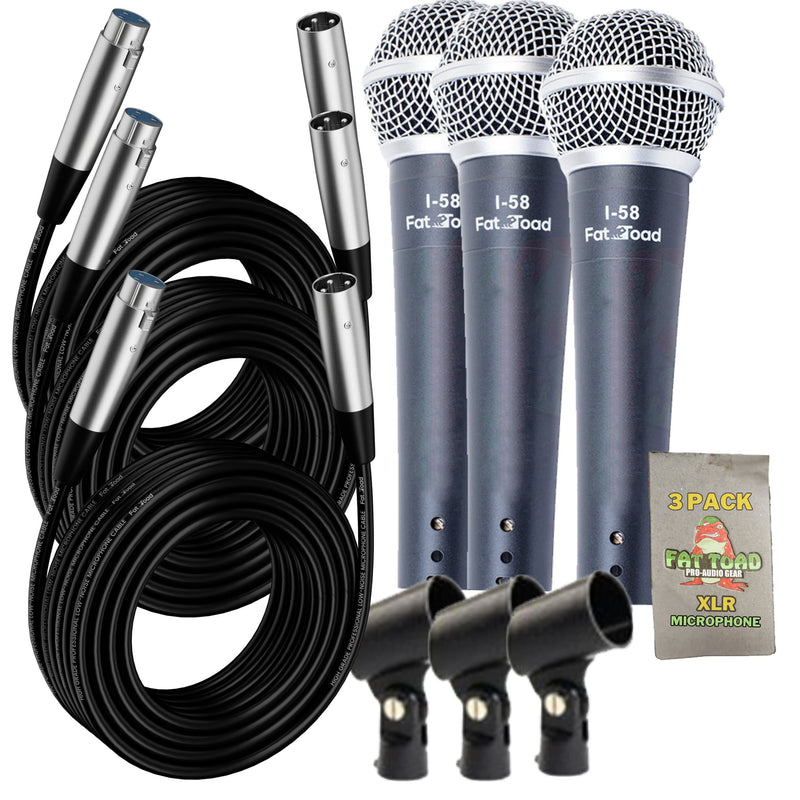 Dynamic Vocal Microphones with XLR Mic Cables & Clips (3 Pack) by FAT TOAD - Cardioid Handheld, Unidirectional for Home Music Live Studio Recording