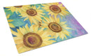 Sunflowers and Purple Cutting Board Tempered Glass Kitchen Cutting Surface, Heat Resistant Chopping, Non-Slip Feet, Food Prep & Serving