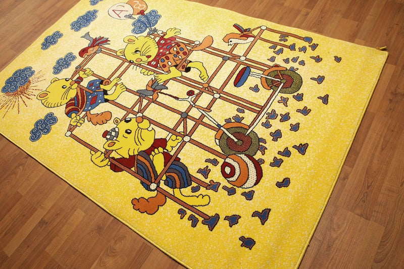 5'x7' Mustard Yellow, Blue, Red, Multi Color Indonesian High Density Hand Carved Effect Children Rug