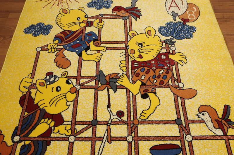 5'x7' Mustard Yellow, Blue, Red, Multi Color Indonesian High Density Hand Carved Effect Children Rug