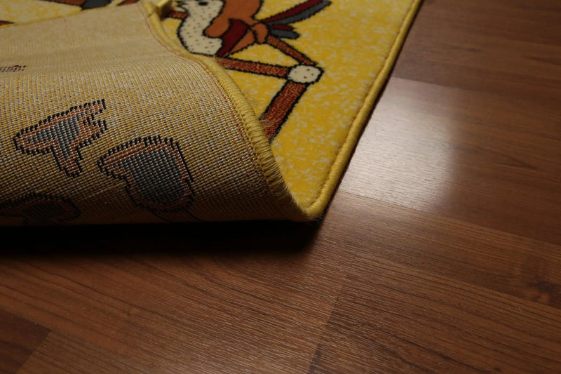 5'x7' Mustard Yellow, Blue, Red, Multi Color Indonesian High Density Hand Carved Effect Children Rug