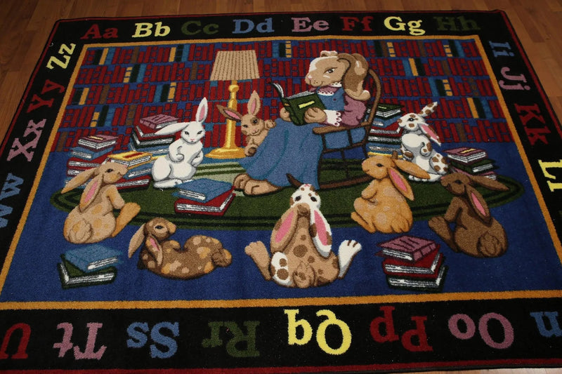 5'x7' Red, Blue, Black, Multi Color Machine Made Polypropylene Indonesian High Density Hand Carved Effect Children Alphabet Rug