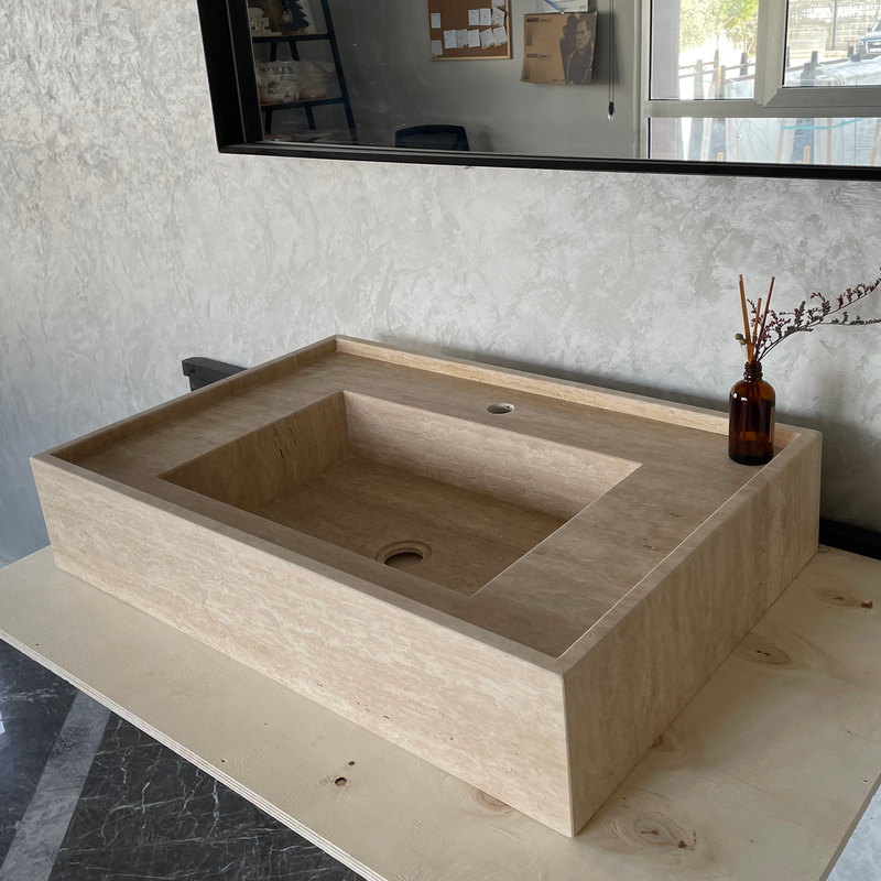 Travertine Handcrafted Vein-Cut Beige Custom Bathroom Sink Basin, photo 10 of 11