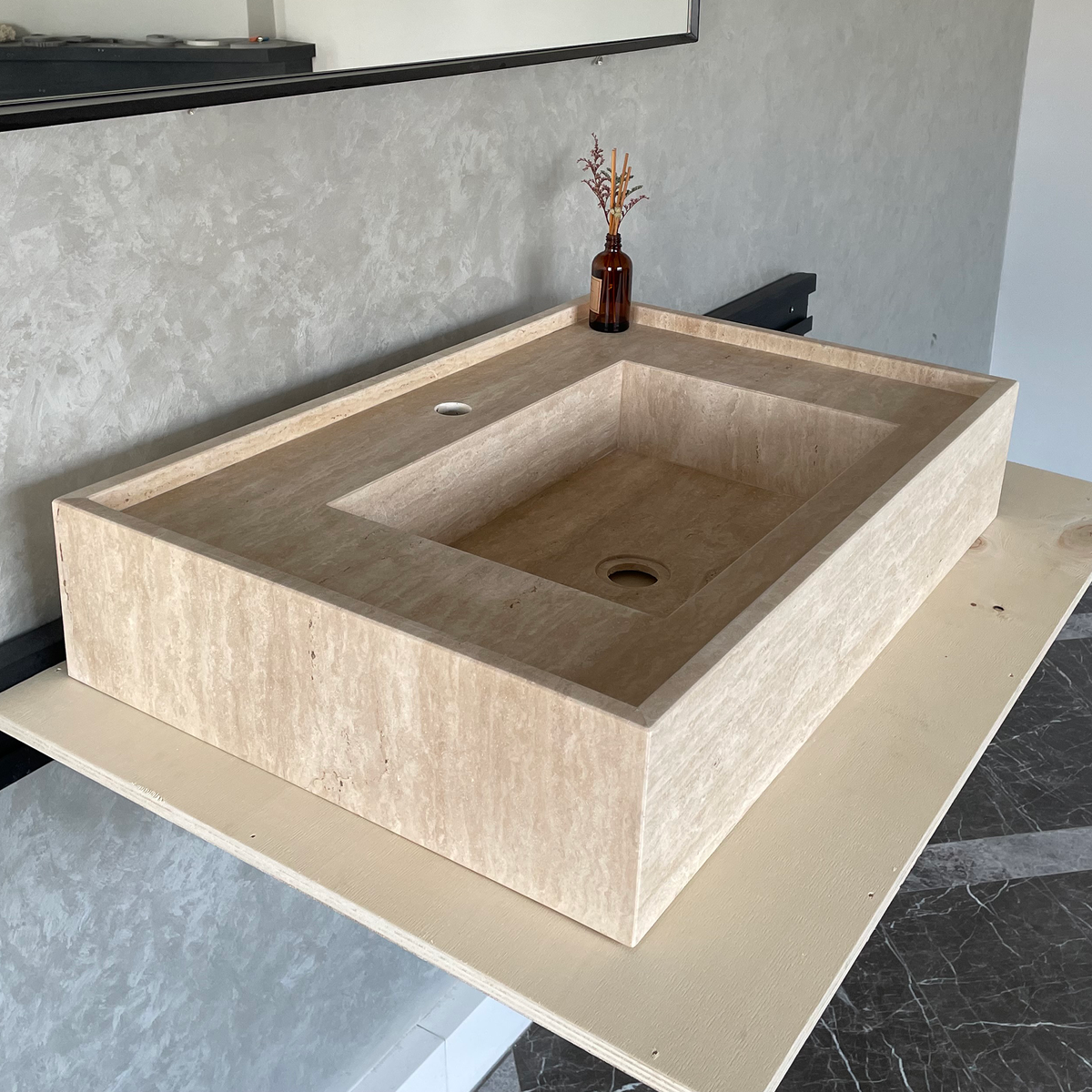 Travertine Handcrafted Vein-Cut Beige Custom Bathroom Sink Basin, photo 11 of 11