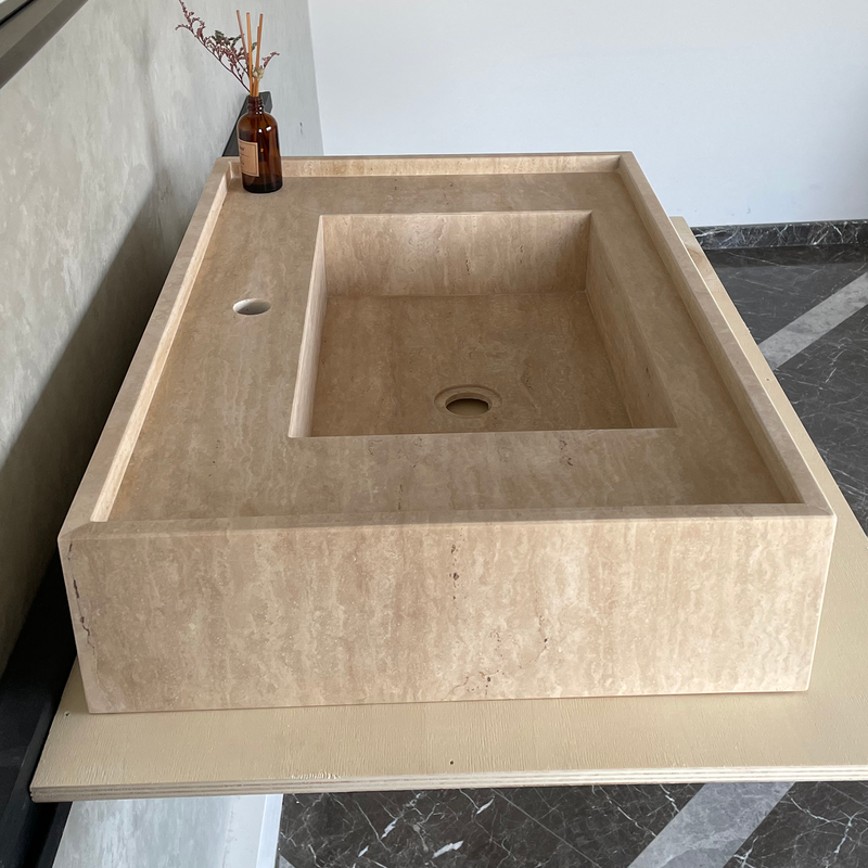 Travertine Handcrafted Vein-Cut Beige Custom Bathroom Sink Basin, photo 9 of 11