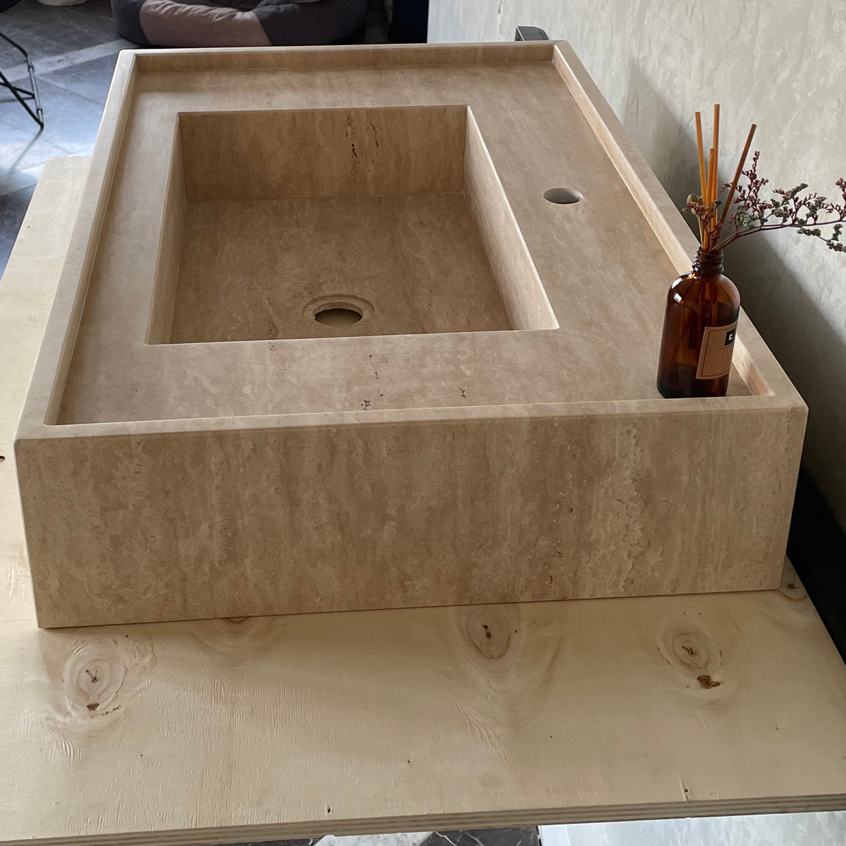 Travertine Handcrafted Vein-Cut Beige Custom Bathroom Sink Basin, photo 8 of 11